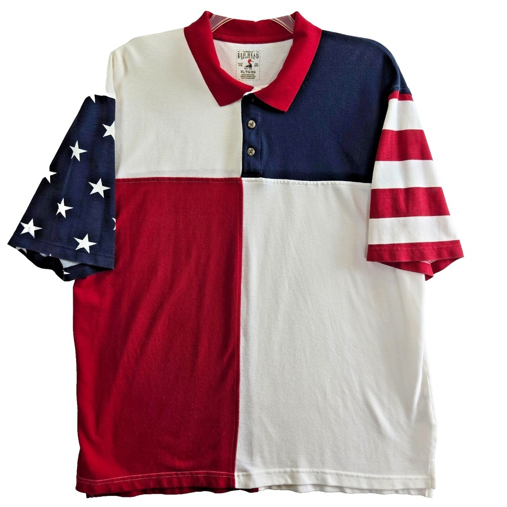 Redhead Mens Short Sleeve Polo Shirt size XL Patriotic USA Flag Color Block